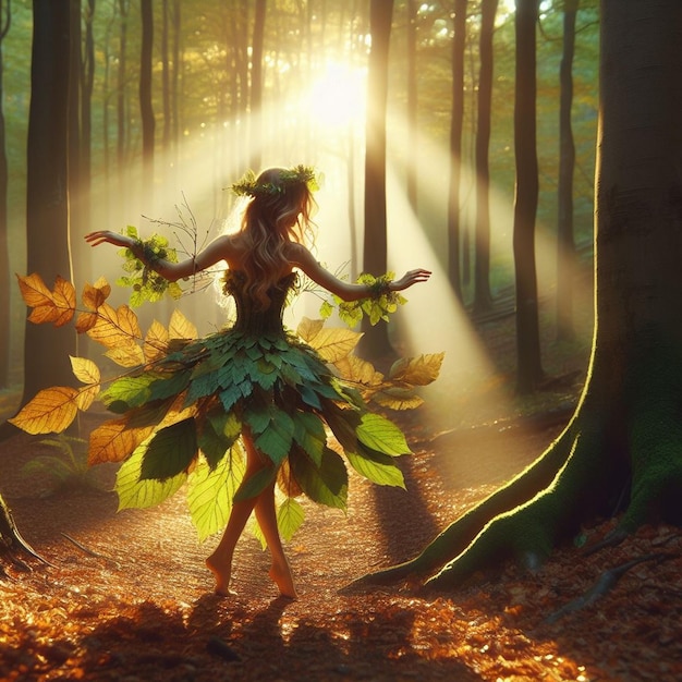 Fairy dancing in a sunlit forest fairy leaves dress fairy wearing leaves dress