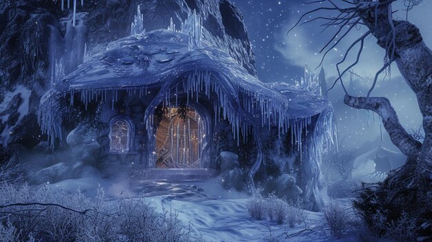 A fairy dwelling sculpted from glistening ice with icicle accents and frosty ambiance AI Generative