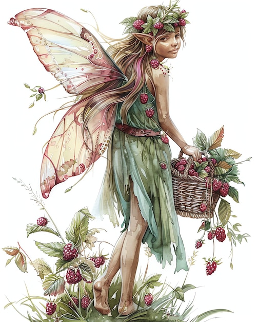 fairy elf with forest Raspberry Basket watercolor