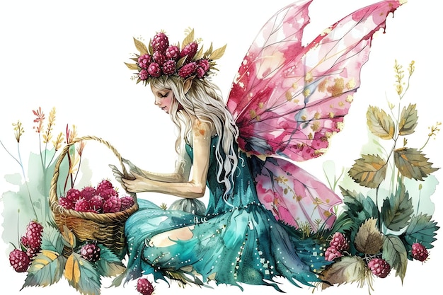 Photo fairy elf with forest raspberry basket watercolor