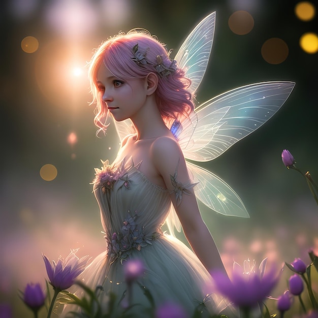 A fairy in a field of flowers with a fairy on her back