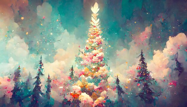 사진 요정 숲 크리스마스 큰 눈 인 소나무 배경 자연 풍경 현실적인 일러스트레이션 3d 아름다운 예술 작품을 렌더링 다채로운 인상주의