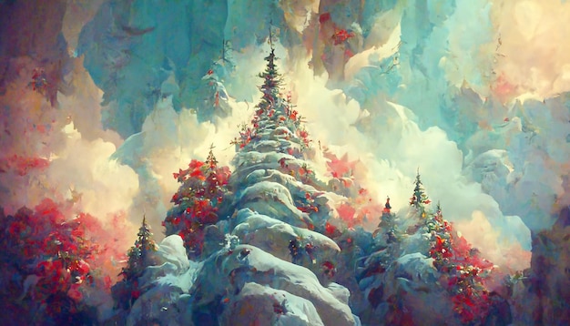 fairy forest christmas big snowy fir trees against background natural scenery realistic illustration