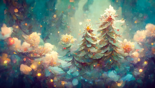 Fairy forest christmas grote besneeuwde sparren tegen achtergrond Natuurlijk landschap Realistische Illustration