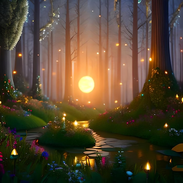 Сказочный лес ночью фэнтези светящиеся цветы бабочки и огни