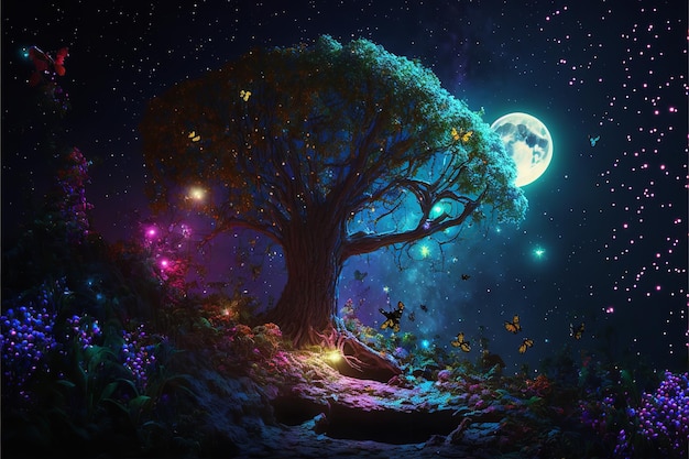 Сказочный лес ночью, фэнтези, светящиеся цветы и огни, генеративный ИИ