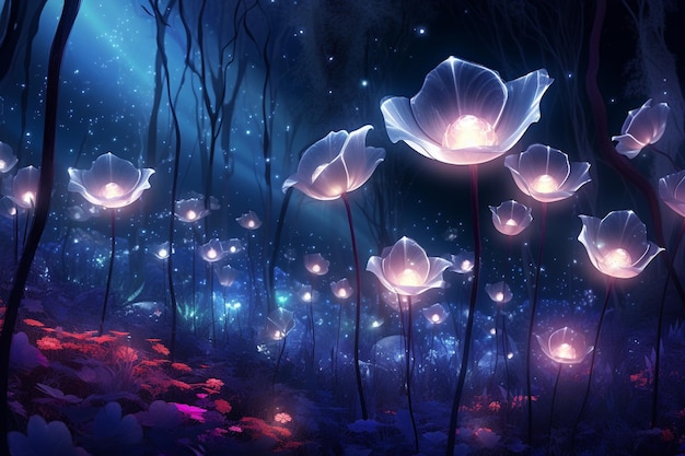 Fairy forest at night fantasy glowing flowers and lights generative