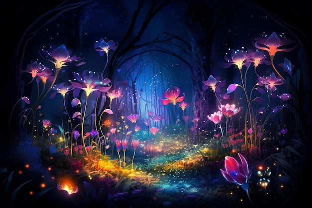 Fairy forest at night fantasy glowing flowers and lights generative