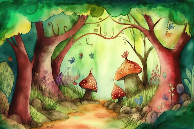 Fairy forest painted in watercolor Murals for the playroom