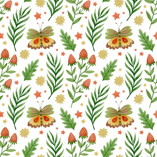 Fairy garden watercolor seamless pattern