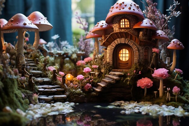A fairy garden with pink flowers and mushrooms AI