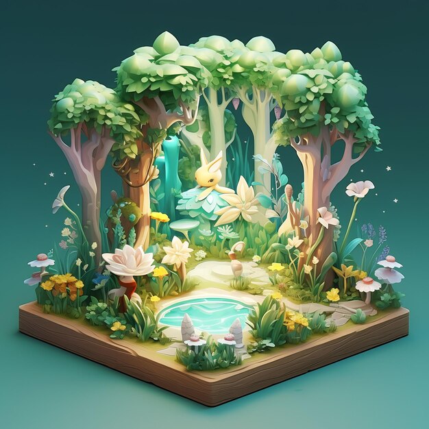 a fairy garden with a pond and a box with a frog in it.