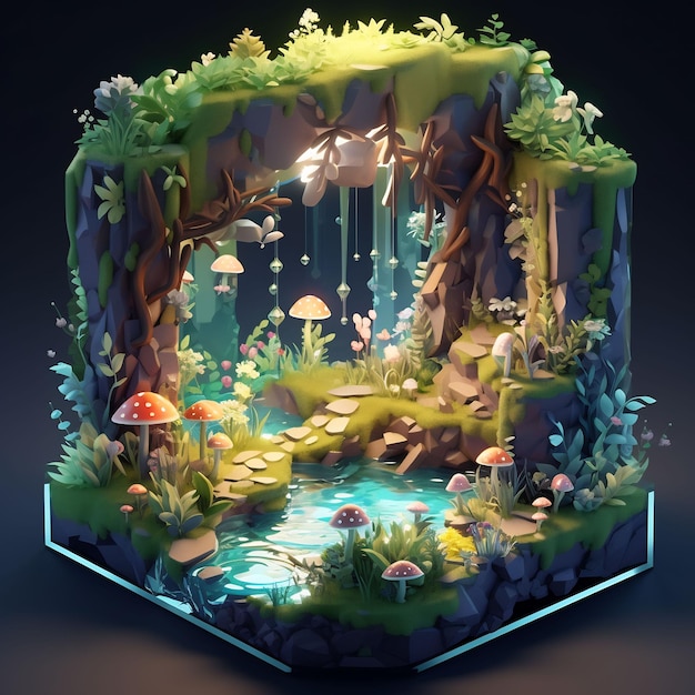 a fairy garden with a pond and a bridge in the middle.