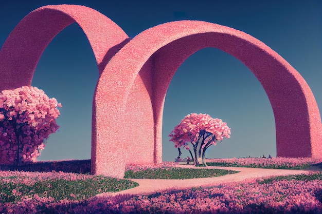 Fairy garden with stone arch fantasy landscape flowers stone\
arch portal entrance unreal world3d rendering raster\
illustration