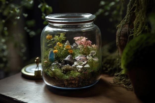 Fairy garden with tiny plants and delicate flowers in glass jar created with generative ai