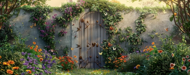 A fairy gate with flowers and butterflies flying around