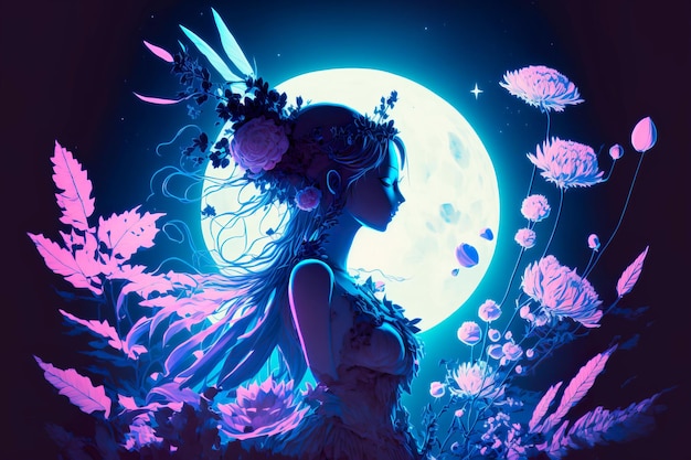 Fairy girl on a blue night background with the moon and pink flowers realistic