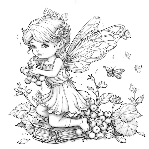 Foto una fata con una farfalla e fiori sulla testa seduta su un libro generativo ai