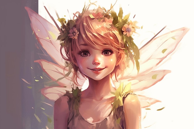 a fairy girl with delicate wings a floral crown AI generated