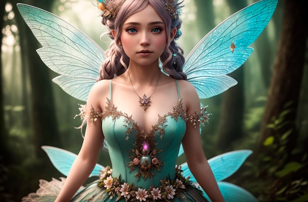 A fairy in a green dress with a flower on the wings.