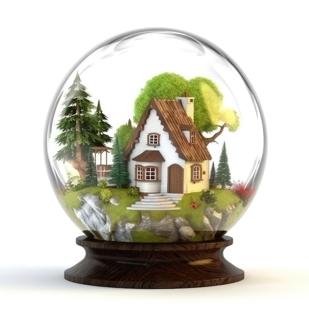 Fairy house and forest in a glass ball on a white background