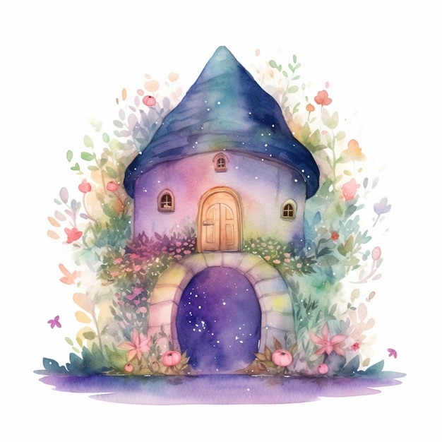 Fairy house in the forest watercolor painting.