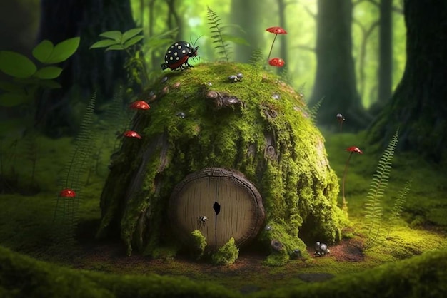 A fairy house in the forest with a butterfly on the door.