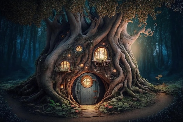 A fairy house in a forest with a door and windows.