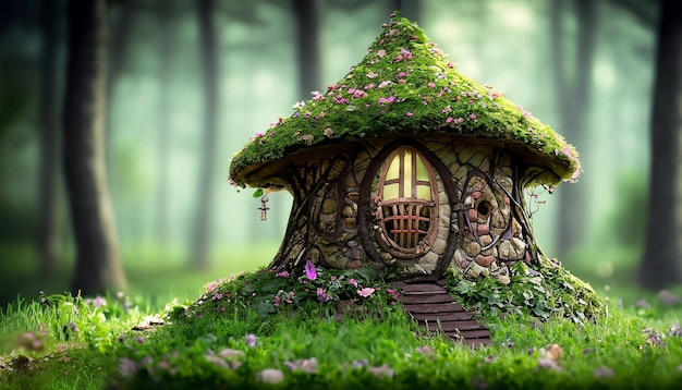 A fairy house in the forest with a green roof.