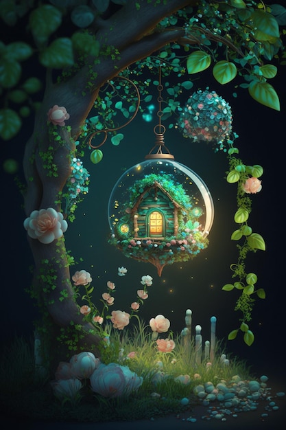 A fairy house in a glass ball with flowers and a tree in the middle.