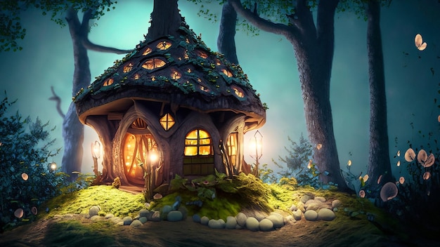 Photo fairy house in the night woods