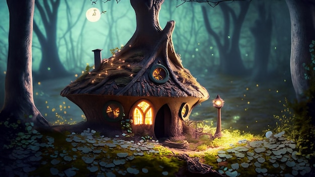 Photo fairy house in the night woods