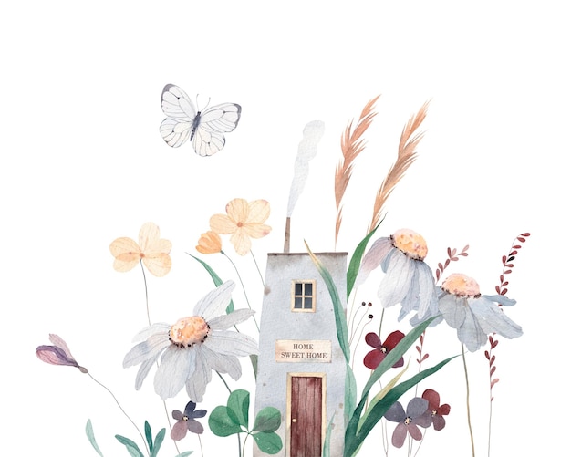 Fairy house in the summer garden Watercolor illustration Illustration for card border banner or your other design