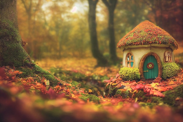 写真 どんぐりと紅葉に囲まれた妖精の家