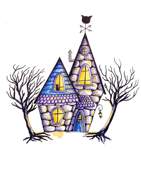 Fairy house of a witch isolated on white hand drawn watercolor marker illustration