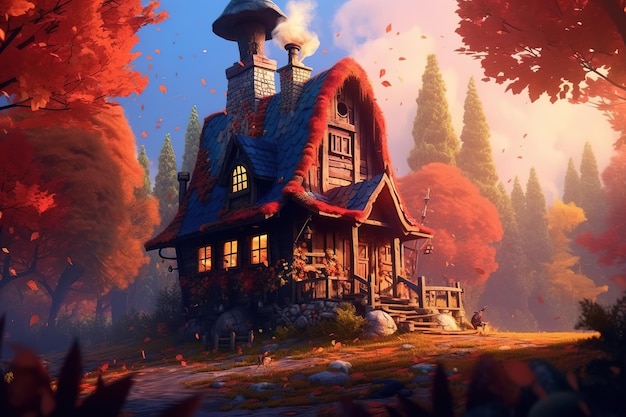 Fairy house with a chimney in the autumn forest Illustration of a fantasy building with windows and roof exterior