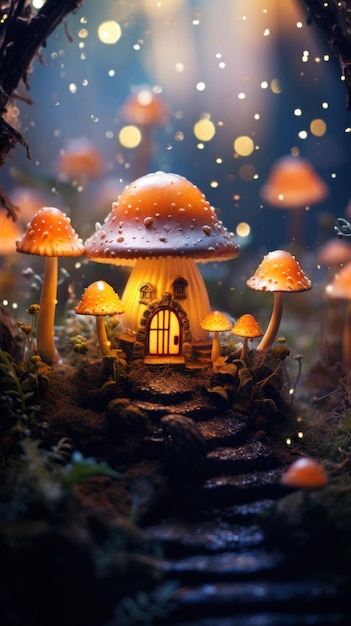 A fairy house with mushrooms and lights ai