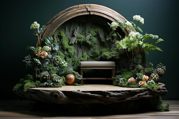 A fairy house with a round table and a small table with a pot of flowers on it