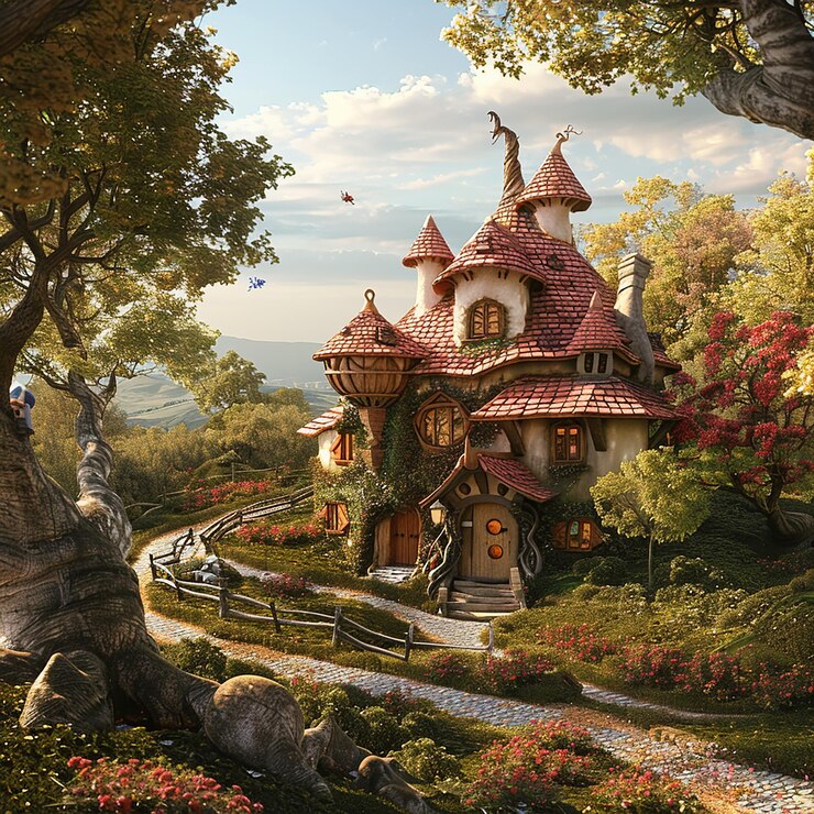 Photo a fairy house with a tree in the background
