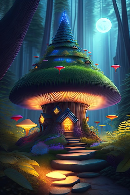 Fairy houses in fantasy forest with glowing mushrooms Digital artwork