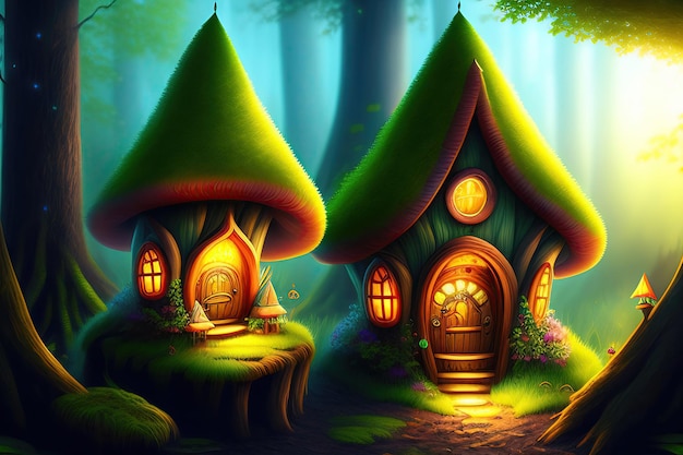 Fairy houses in fantasy forest with glowing mushrooms Digital artwork