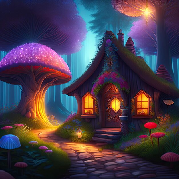 Fairy houses in fantasy forest with glowing mushrooms