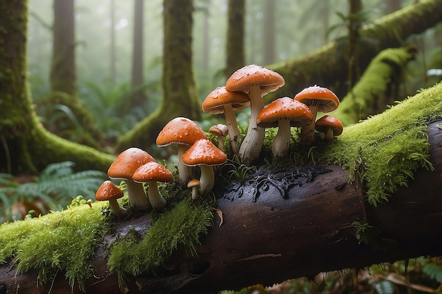 Photo fairy ink cap fungi coprinellus growing on a mosscovered fallen tree in temperate rainforest bola creek royal national park