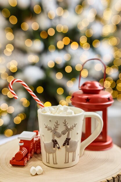 Fairy lights background, hot cocoa with marshmallows