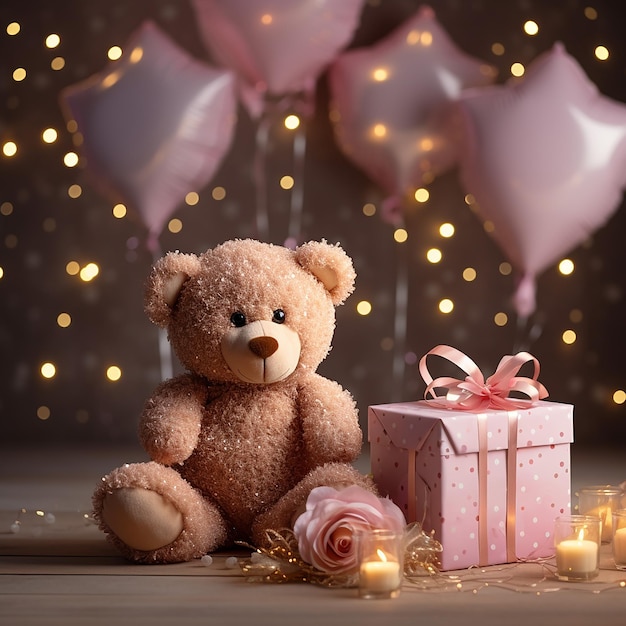 fairy lights gifts and flower with small teddy bear