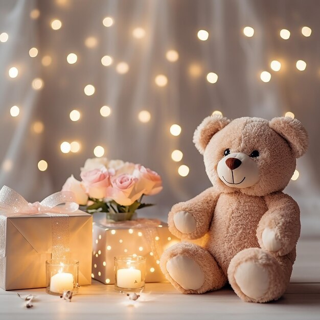 fairy lights gifts and flower with small teddy bear