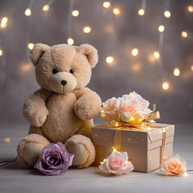 fairy lights gifts and flower with small teddy bear