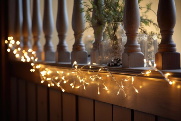 Fairy lights wrapped tightly around christmas garland on a stair railing