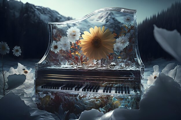 사진 얼음에 꽃이 얼어붙은 요정 마술 피아노 신경망 ai 생성 예술