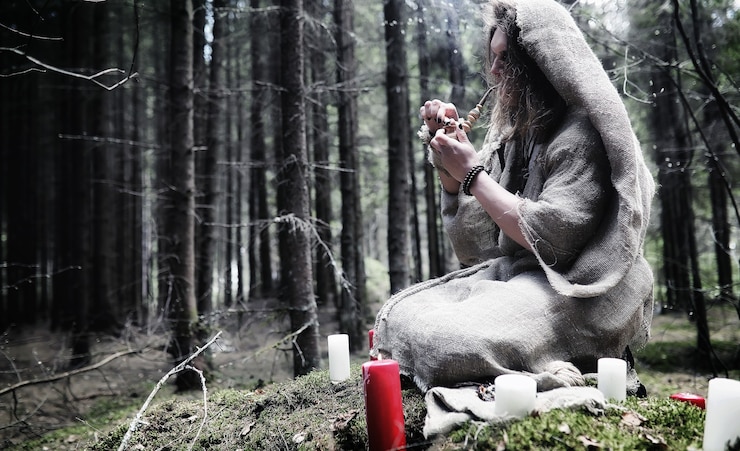 फोटो fairy magician. a sorcerer with a glass sphere, a magical spell and a ritual. elder with a staff and a cross in the forest. black and white magic. a spell in an old book.